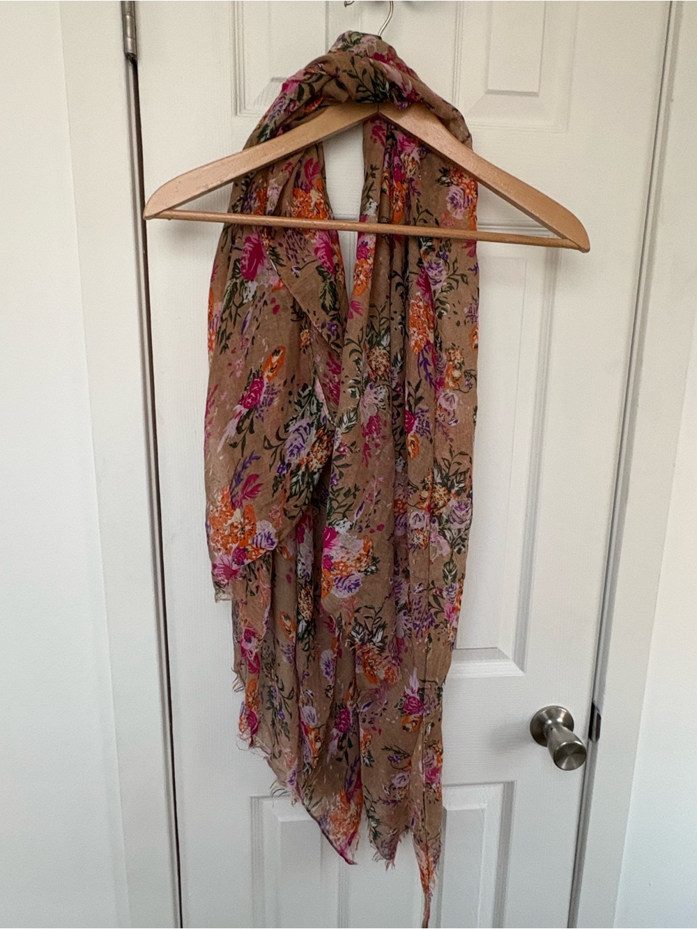 Floral Print Lightweight Wrap Scarf in Light Brown with Pink & Orange Blooms